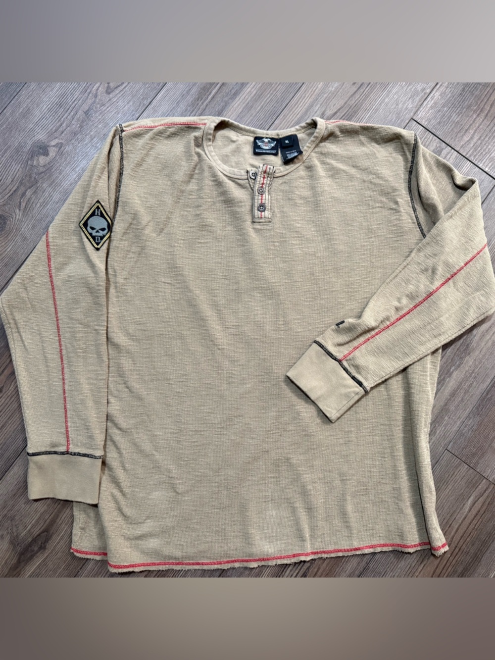 Harley Davidson Thermal Shirt Mens XL Skull Patch Waffle Knit Henley Distressed